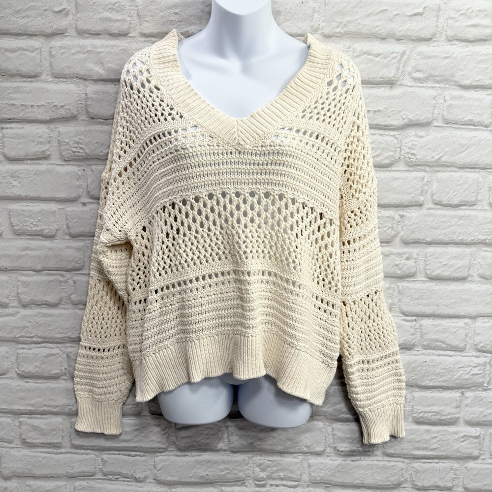 Crochet Chunky Knit Boho Sweater V Neck Women Cream Ivory Festival Bohemian Top